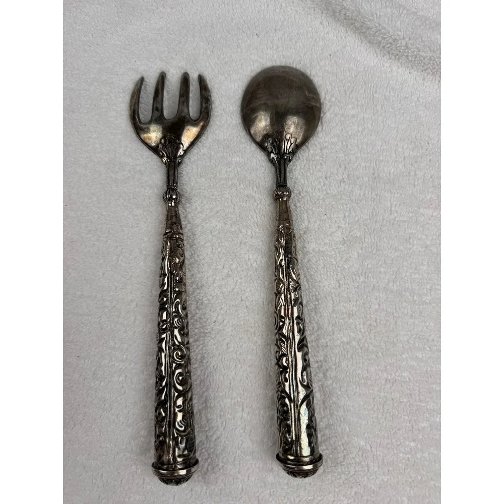 Vintage Ornate Silverplate Salad Serving Set Embossed Scroll Handle Fork Spoon